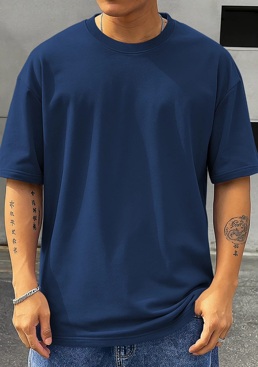Funky fashion Men Printed Round Neck Cotton Blend Navy Blue T-Shirt