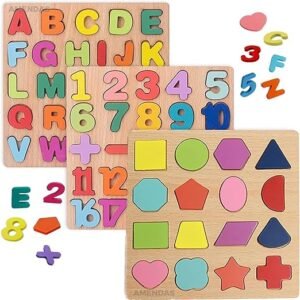AMENDAS Wooden Learning Educational Board for Kids, Puzzle Toys for 2 Years Old Boys & Girls Educational Toys for Toddlers & Preschoolers, ABCD (Alphabet, Numbers, Shapes)