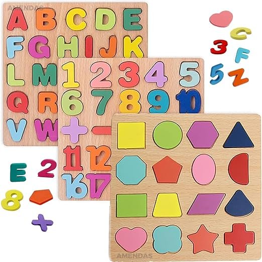 AMENDAS Wooden Learning Educational Board for Kids, Puzzle Toys for 2 Years Old Boys & Girls Educational Toys for Toddlers & Preschoolers, ABCD (Alphabet, Numbers, Shapes)