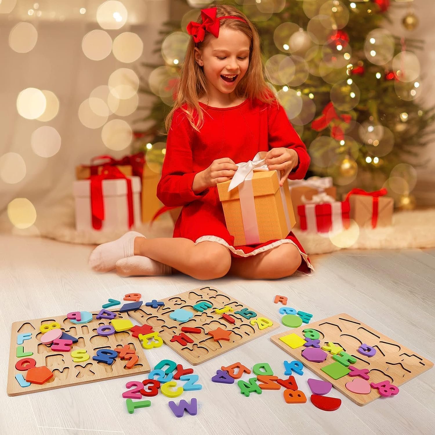 AMENDAS Wooden Learning Educational Board for Kids, Puzzle Toys for 2 Years Old Boys & Girls Educational Toys for Toddlers & Preschoolers, ABCD (Alphabet, Numbers, Shapes)