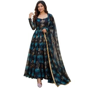 Anveri Women’s Floral Printed Anarkali Gown with Dupatta | Ethnic Long Dress for Women | Designer Festive Maxi Kurta Set
