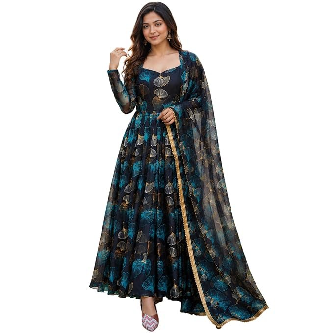 Anveri Women’s Floral Printed Anarkali Gown with Dupatta | Ethnic Long Dress for Women | Designer Festive Maxi Kurta Set