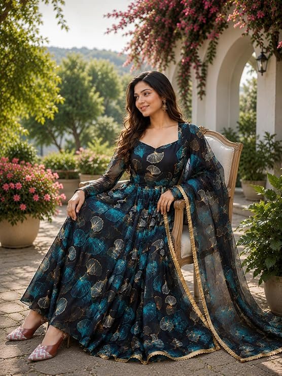 Anveri Women’s Floral Printed Anarkali Gown with Dupatta | Ethnic Long Dress for Women | Designer Festive Maxi Kurta Set