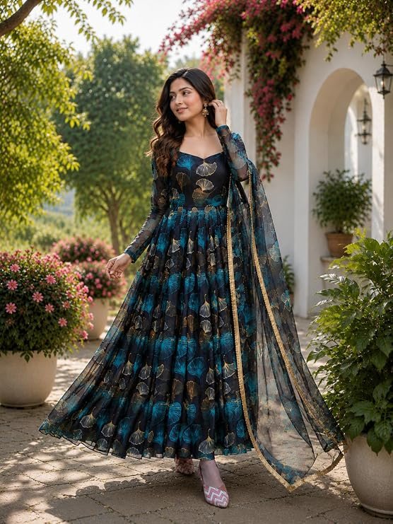 Anveri Women’s Floral Printed Anarkali Gown with Dupatta | Ethnic Long Dress for Women | Designer Festive Maxi Kurta Set