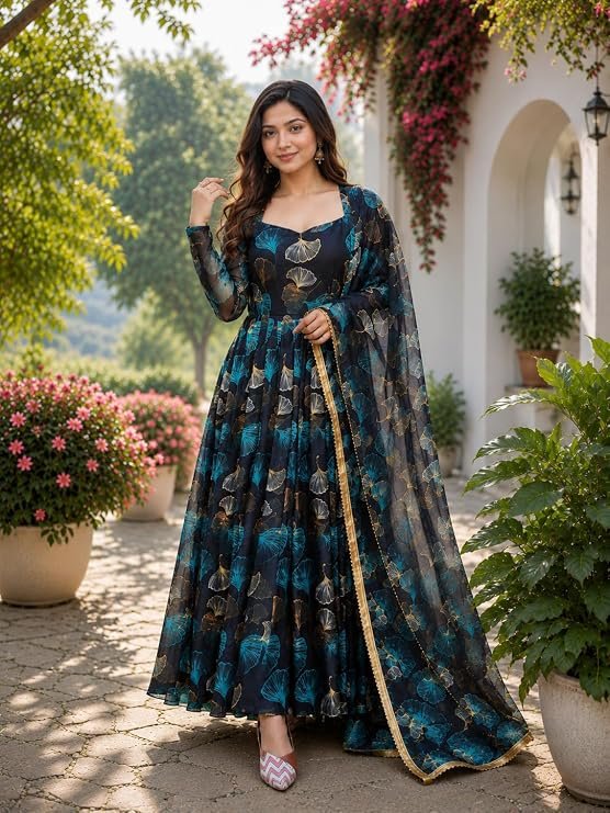 Anveri Women’s Floral Printed Anarkali Gown with Dupatta | Ethnic Long Dress for Women | Designer Festive Maxi Kurta Set