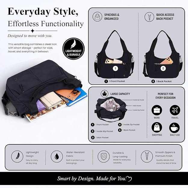 Women's Nylon Shoulder Bag, Water Resistant Lightweight Shoulder Purse with Adjustable Crossbody Strap, Large Capacity Multi Pocket Hobo Handbag for Office, Work, Travel, Shopping