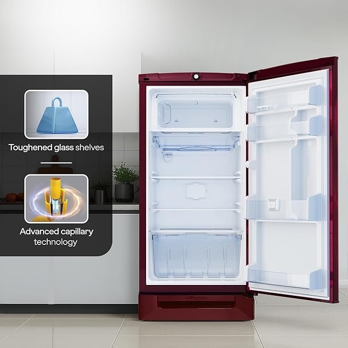 odrej 185 L 5 Star 5 Years Comprehensive Warrant | Advanced Capillary Technology| Toughened Glass Shelves | Direct Cool Single Door Refrigerator (2026 Model, RD 195EN TAI MY WN, Mystic Wine)