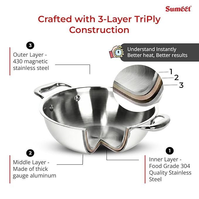 Sumeet Cook Smart TriPly Steel-Aluminium-Steel - 3 Layers Kadhai - 5 Years Warranty - 2Ltr - 22cm - Kadai
