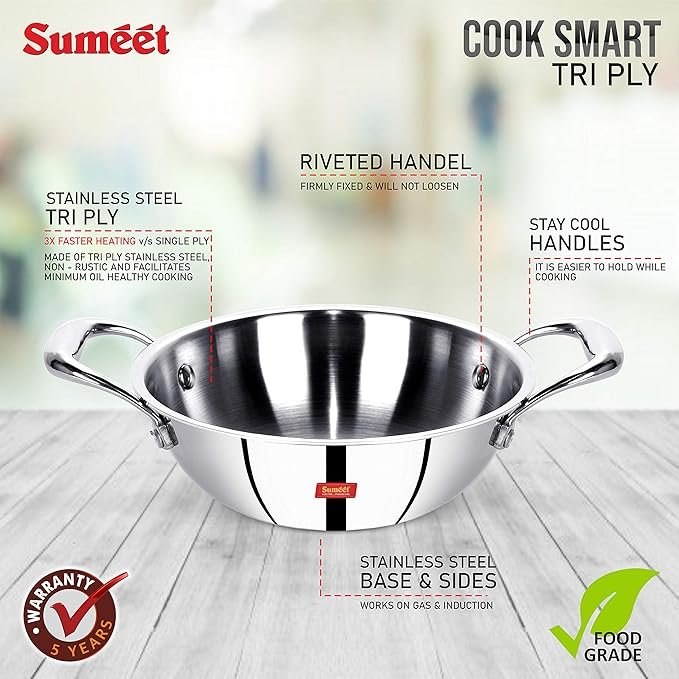 Sumeet Cook Smart TriPly Steel-Aluminium-Steel - 3 Layers Kadhai - 5 Years Warranty - 2Ltr - 22cm - Kadai