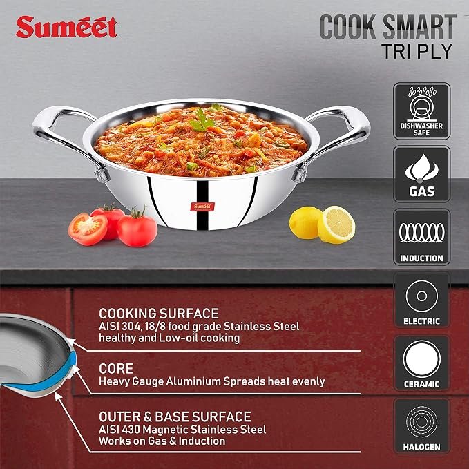 Sumeet Cook Smart TriPly Steel-Aluminium-Steel - 3 Layers Kadhai - 5 Years Warranty - 2Ltr - 22cm - Kadai