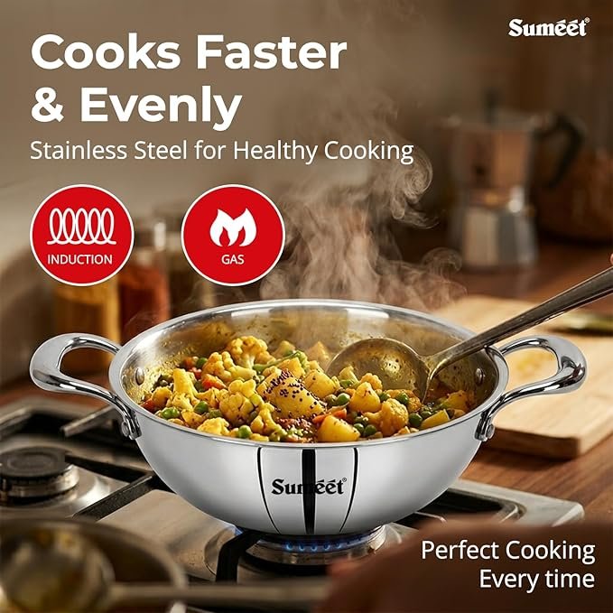 Sumeet Cook Smart TriPly Steel-Aluminium-Steel - 3 Layers Kadhai - 5 Years Warranty - 2Ltr - 22cm - Kadai