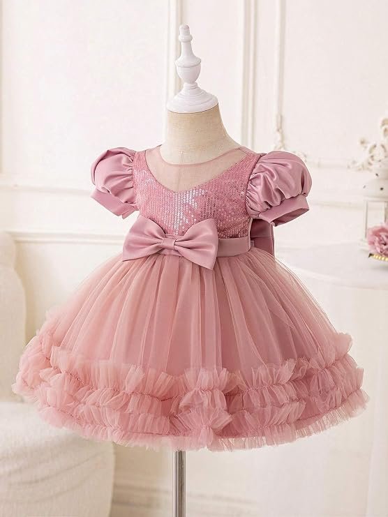Niren Enterprise Rollar Frock net Embroidery Work Ruffle Patterned Flared Short Sleeve Girl Frock, Pack of 1