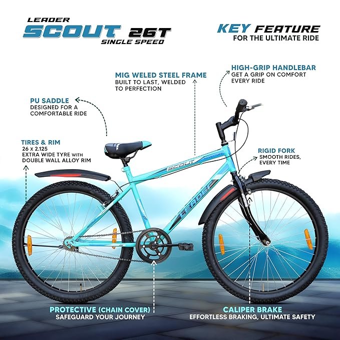Leader Scout MTB 26T Bike Without Gear Single Speed for Men - SEA Green Black, Ideal for 10 + Years,Mountain Bike,Unisex,Rigid,18 inches