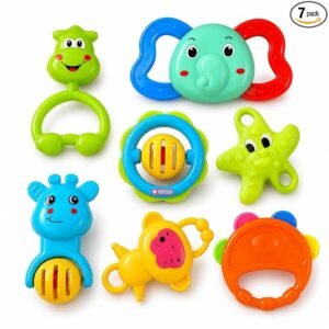 Storio Baby Products Toys 7 Pcs Rattle Set with Teathers for New Born Baby Gifts, Toy for Babies, Non-Toxic