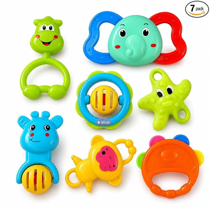 Storio Baby Products Toys 7 Pcs Rattle Set with Teathers for New Born Baby Gifts, Toy for Babies, Non-Toxic